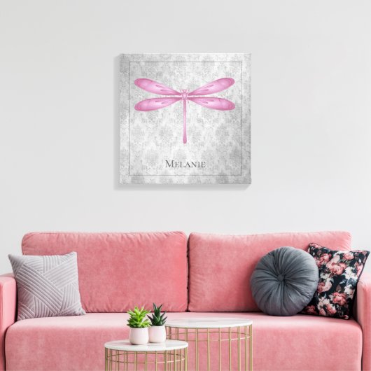 Magenta Dragonfly Damask Canvas Afdruk (Insitu (Woonkamer))