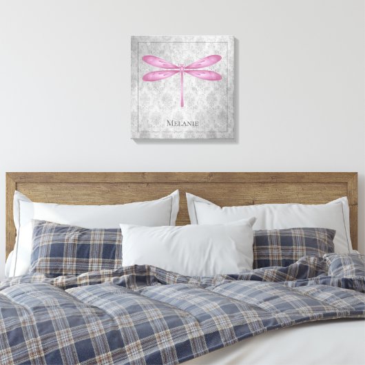 Magenta Dragonfly Damask Canvas Afdruk (Insitu (Slaapkamer))