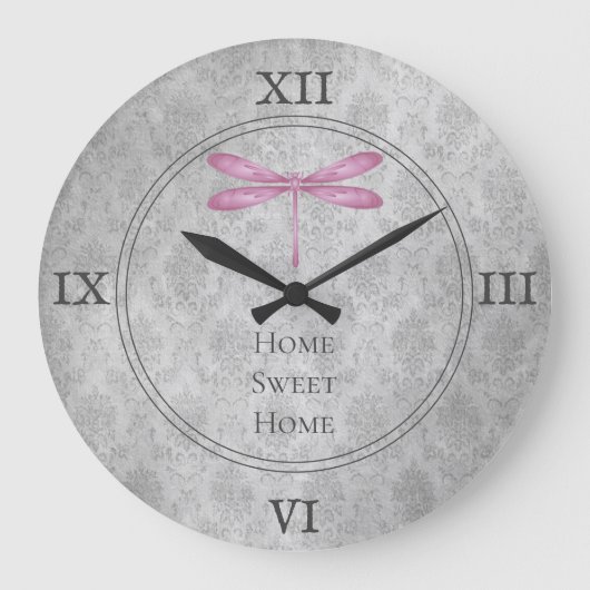 Magenta Dragonfly Damask Grote Klok (Voorkant)