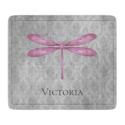 Magenta Dragonfly Damask Snijplank (Voorkant)
