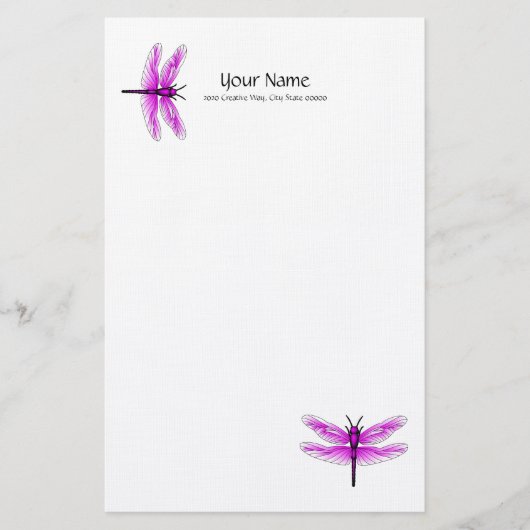 Magenta Dragonfly Linen Stationery Briefpapier (Voorkant)