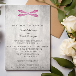 Magenta Dragonfly Wedding Invitation Kaart