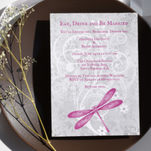 Magenta Dragonfly Wedding Rehearsal Dinner Invite Kaart