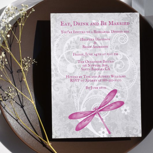 Magenta Dragonfly Wedding Rehearsal Dinner Invite Kaart