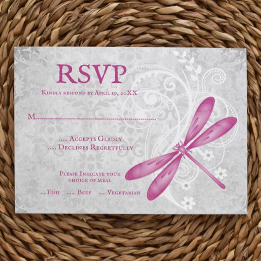 Magenta Dragonfly Wedding RSVP Kaart