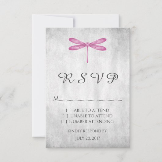 Magenta Dragonfly Wedding RSVP Kaart (Voorkant)
