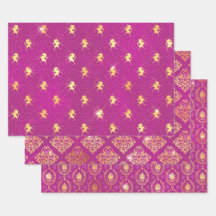 Magenta Eenhoorn & Goud Damast Patroon