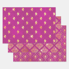 Magenta Eenhoorn & Goud Damast Patroon Inpakpapier Vel