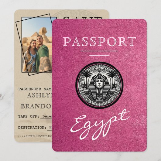 Magenta Egypt Passport Wedding Save the Date (Voorkant / Achterkant)