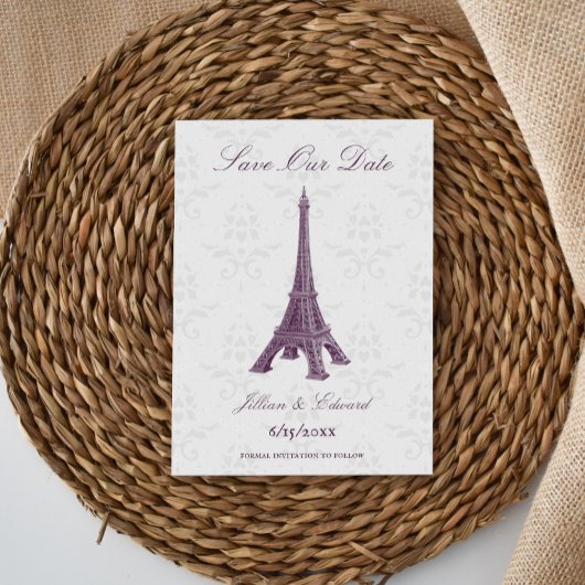 Magenta Eiffel Tower Damask sparen de Datum Aankondiging
