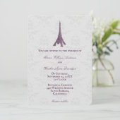 Magenta Eiffel Tower Damask Wedding Invitation Kaart (Staand voorkant)