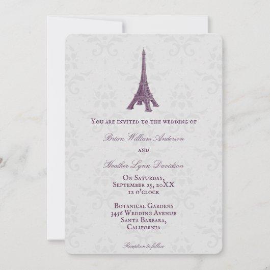 Magenta Eiffel Tower Damask Wedding Invitation Kaart (Voorkant)