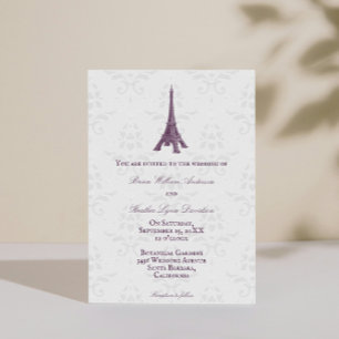 Magenta Eiffel Tower Damask Wedding Invitation Kaart