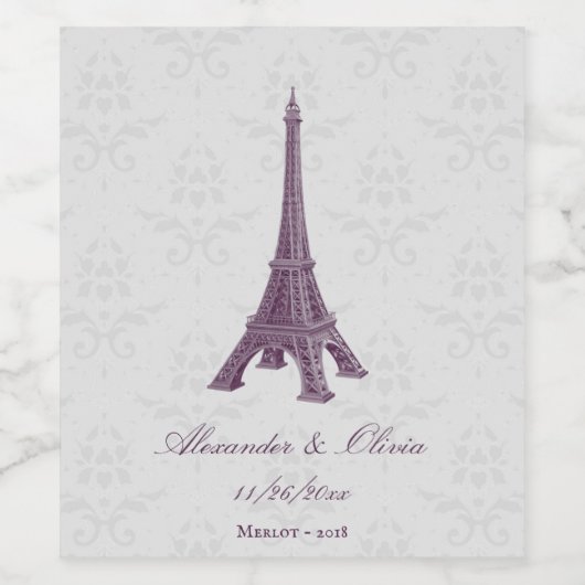 Magenta Eiffel Tower Damask Wedding Wijn Etiket (Enkel label)