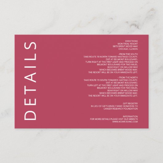 Magenta Elegant Modern Minimalist Wedding Informatiekaartje (Voorkant)