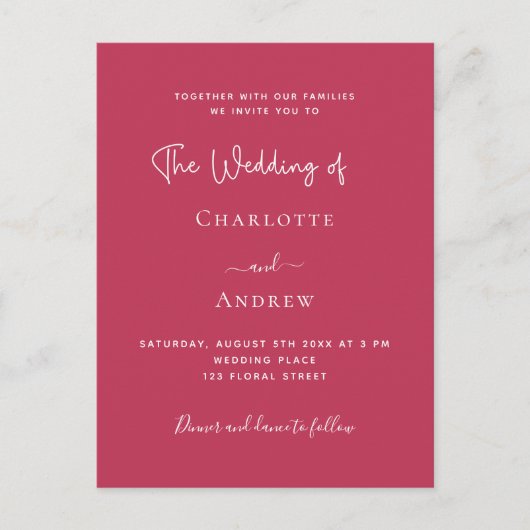 Magenta elegant script bruiloft uitnodiging briefkaart (Voorkant)