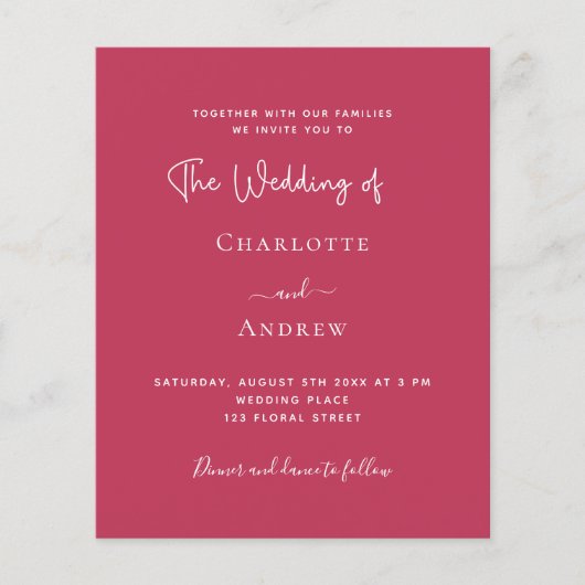 Magenta elegant scriptbudget huwelijksuitnodiging (Voorkant)