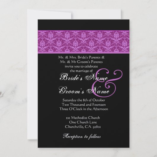 Magenta en Black Damask Wedding Kaart (Voorkant)