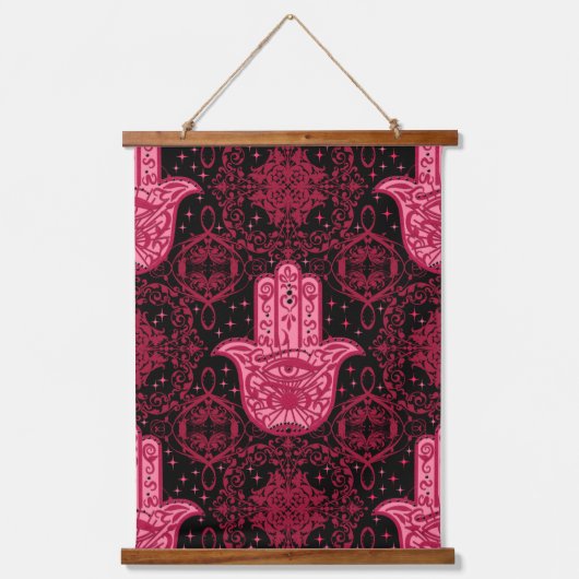 Magenta en Black Hamsa Hand Good Fortune Hangend Wandkleed (Voorkant)