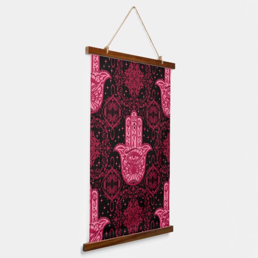 Magenta en Black Hamsa Hand Good Fortune Hangend Wandkleed (Gebogen)