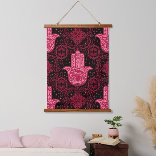 Magenta en Black Hamsa Hand Good Fortune Hangend Wandkleed (Slaapkamer)