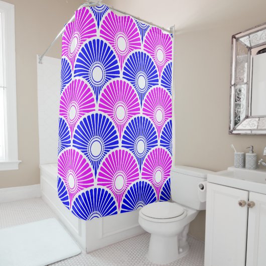 Magenta en Blue Chinese Semi Circle Wave Pattern Douchegordijn (In situ)