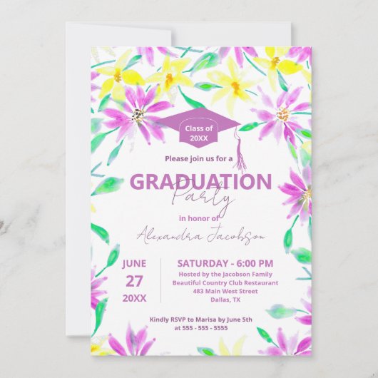 Magenta en Geel Waterverf Bloemen Afstuderen Kaart (Voorkant)