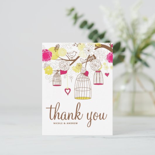 Magenta en Gele Birdcages Dank u Briefkaart (Staand voorkant)
