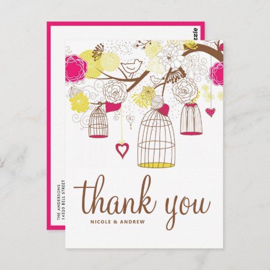 Magenta en Gele Birdcages Dank u Briefkaart (Voorkant / Achterkant)