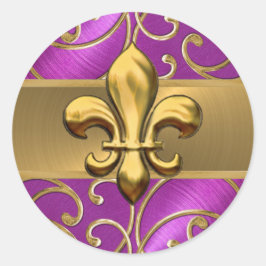 Magenta en Gold Filigree Swirls Fleur de Lis Ronde Sticker