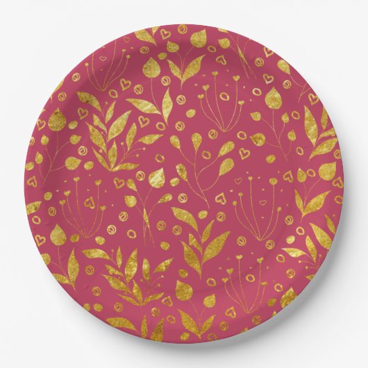 Magenta en Gold Leaves Papieren Bordje (Voorkant)