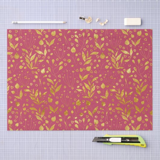 Magenta en Gold Leaves Tissuepapier (Craft)