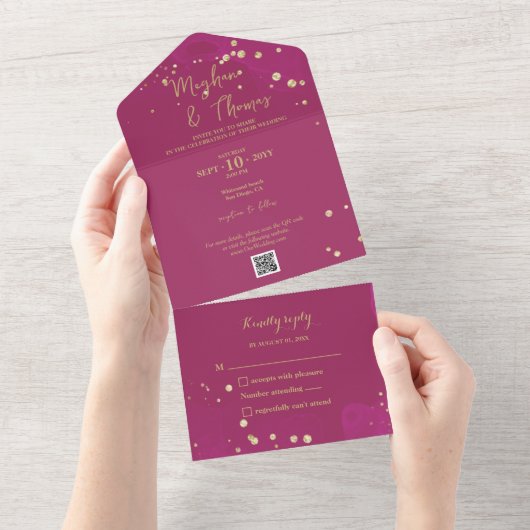 Magenta en Gold Weddenschap met QR-code RSVP All In One Uitnodiging (Afscheurbaar)