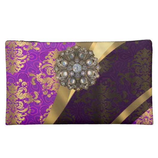 Magenta en  gouden damppatroon make-up tasje (achterkant)