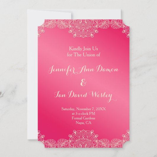 Magenta en Lace Wedding Invites Kaart (Voorkant)