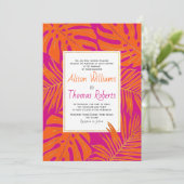 Magenta en oranje tropische bladeren bruiloft kaart (Staand voorkant)
