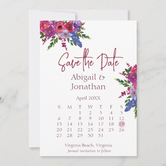 Magenta en Purple Flowers Greenery Floral Wedding Save The Date (Voorkant)