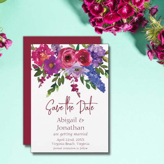Magenta en Purple Flowers Greenery Floral Wedding Save The Date