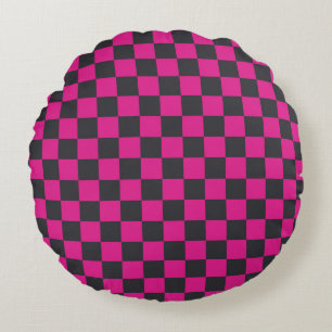 Magenta en rook kleur schaakbordpatroon rond kussen