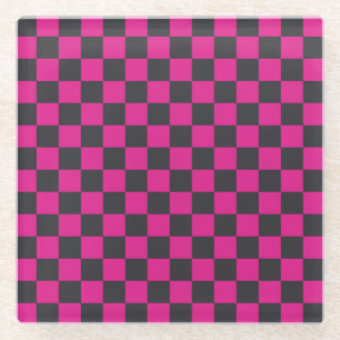 Magenta en rook schaakbordpatroon glazen onderzetter