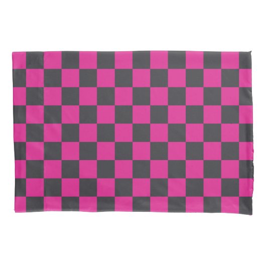 Magenta en rook schaakbordpatroon kussensloop (Voorkant-Links)