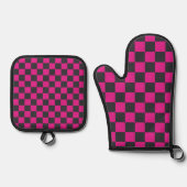 Magenta en rook schaakbordpatroon ovenwant & pannenlap set (Voorkant)