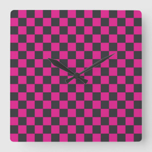 Magenta en rook schaakbordpatroon vierkante klok