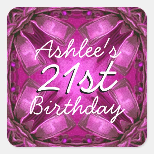 Magenta en Roze Bogen 21e Verjaardag Custom Name V Vierkante Sticker (Voorkant)
