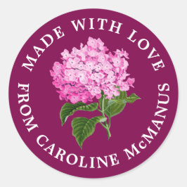Magenta en roze hortensia gemaakt met liefde ronde sticker
