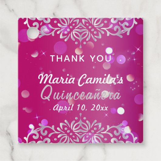 Magenta en Silver Elegant Shimmery Quinceañera Bedankjes Labels (Voorkant)