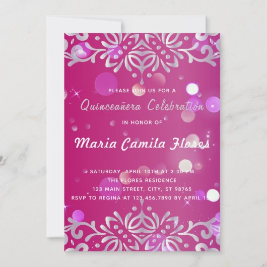 Magenta en Silver Elegant Shimmery Quinceañera Kaart (Voorkant)