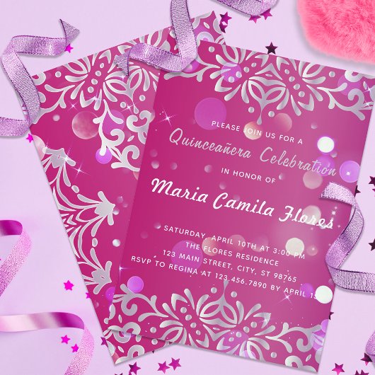 Magenta en Silver Elegant Shimmery Quinceañera Kaart
