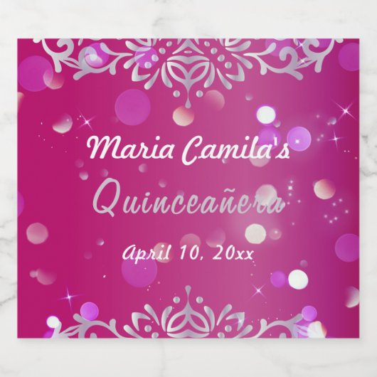 Magenta en Silver Elegant Shimmery Quinceañera Sparkling Wijnetiket (Enkel label)