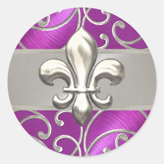 Magenta en Silver Filigree Swirls Fleur de Lis Ronde Sticker (Voorkant)